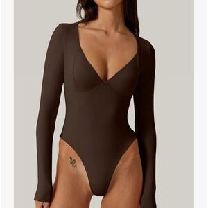 QINSEN Women Long Sleeve V Neck Sculpting Bodysuit Coffee Bean Brown Large